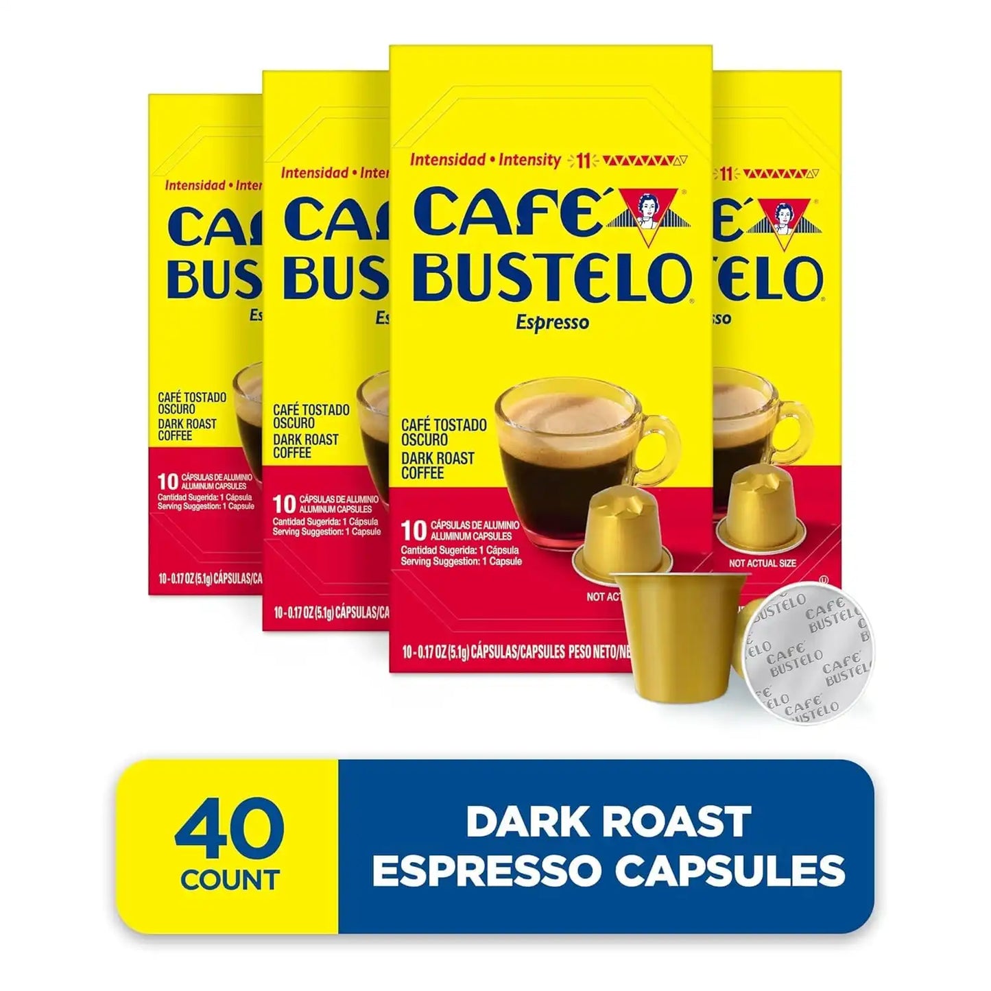 Café Bustelo Aluminum Espresso Capsules, Dark Roast Coffee, Nespresso Original Line Compatible, Intensity 11, 40 Count