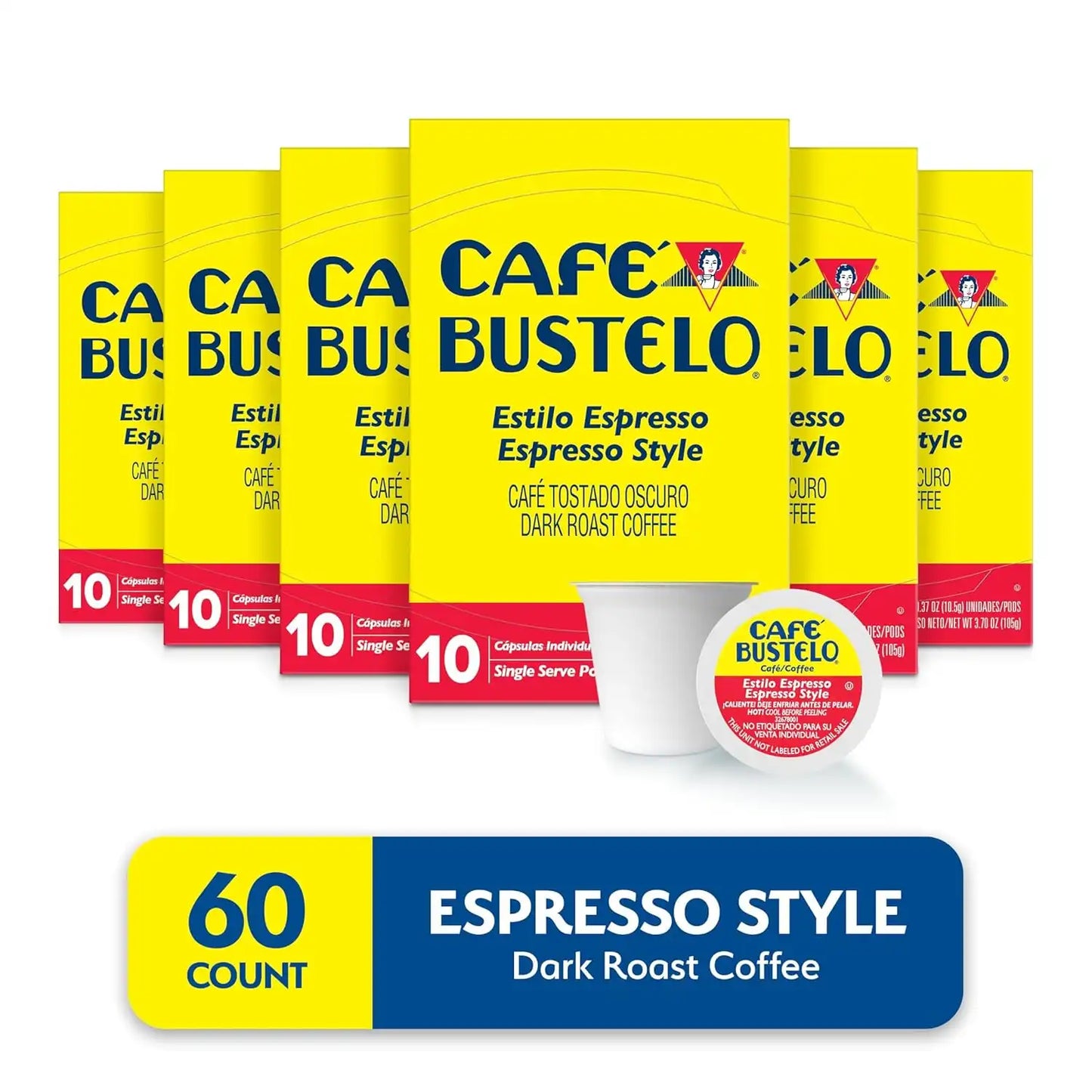 Café Bustelo Espresso Style Dark Roast, Single Serve Coffee Pods, 10 Count (Pack of 6)