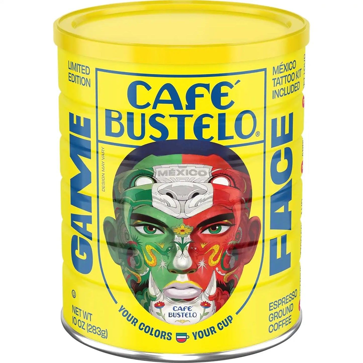 Café Bustelo Espresso Style Dark Roast Ground Coffee, Limited Edition Game Face Design, Tattoo Kit Included, 10 Oz. Can