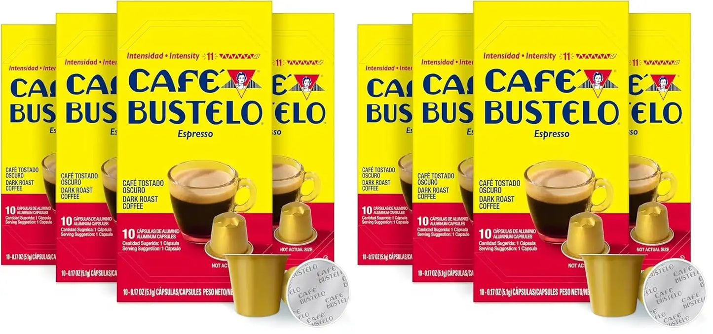 Café Bustelo Aluminum Espresso Capsules, Dark Roast Coffee, Nespresso Original Line Compatible, Intensity 11, 10 Count (Pack of 8)