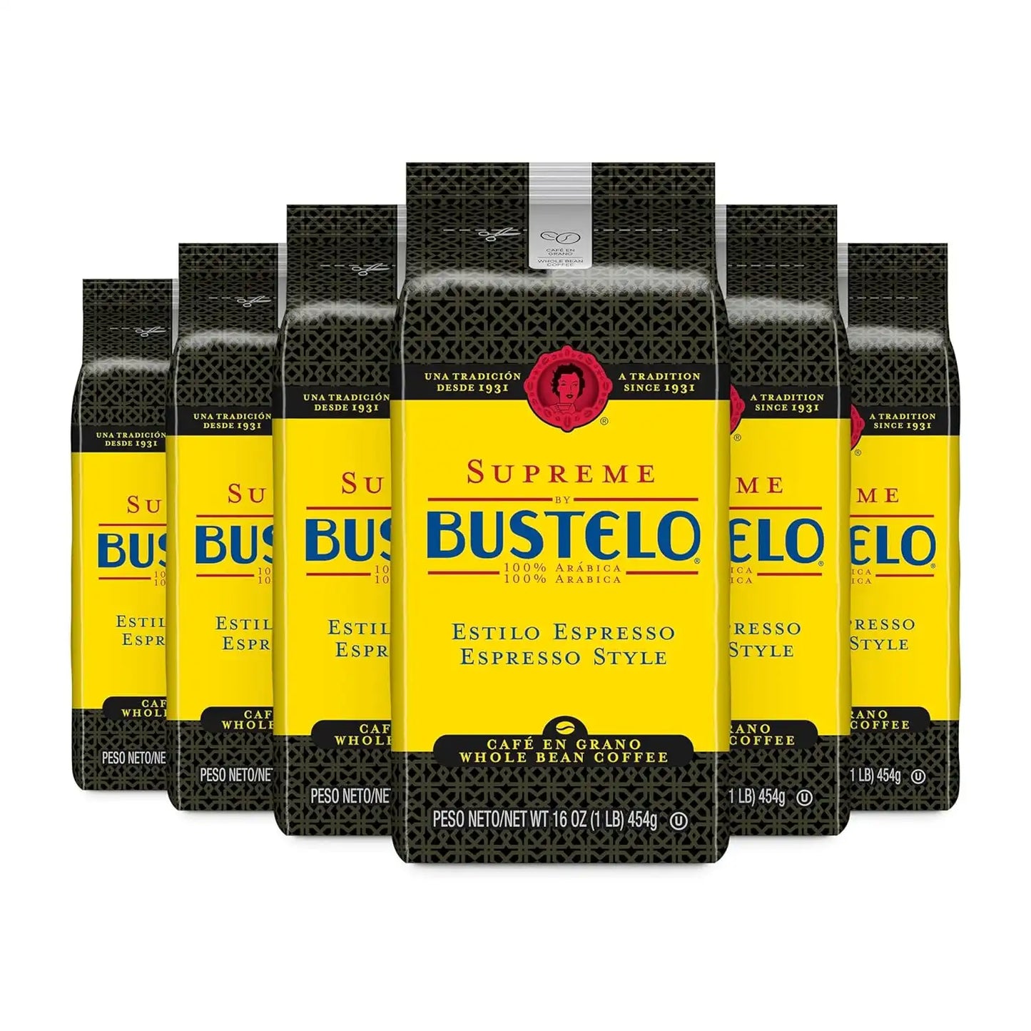 Café Bustelo Supreme by Bustelo Espresso Style Dark Roast Whole Bean Coffee, 16 Ounce (Pack of 6)