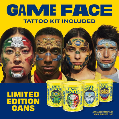 Café Bustelo Espresso Style Dark Roast Ground Coffee, Limited Edition Game Face Design, Tattoo Kit Included, 10 Oz. Can